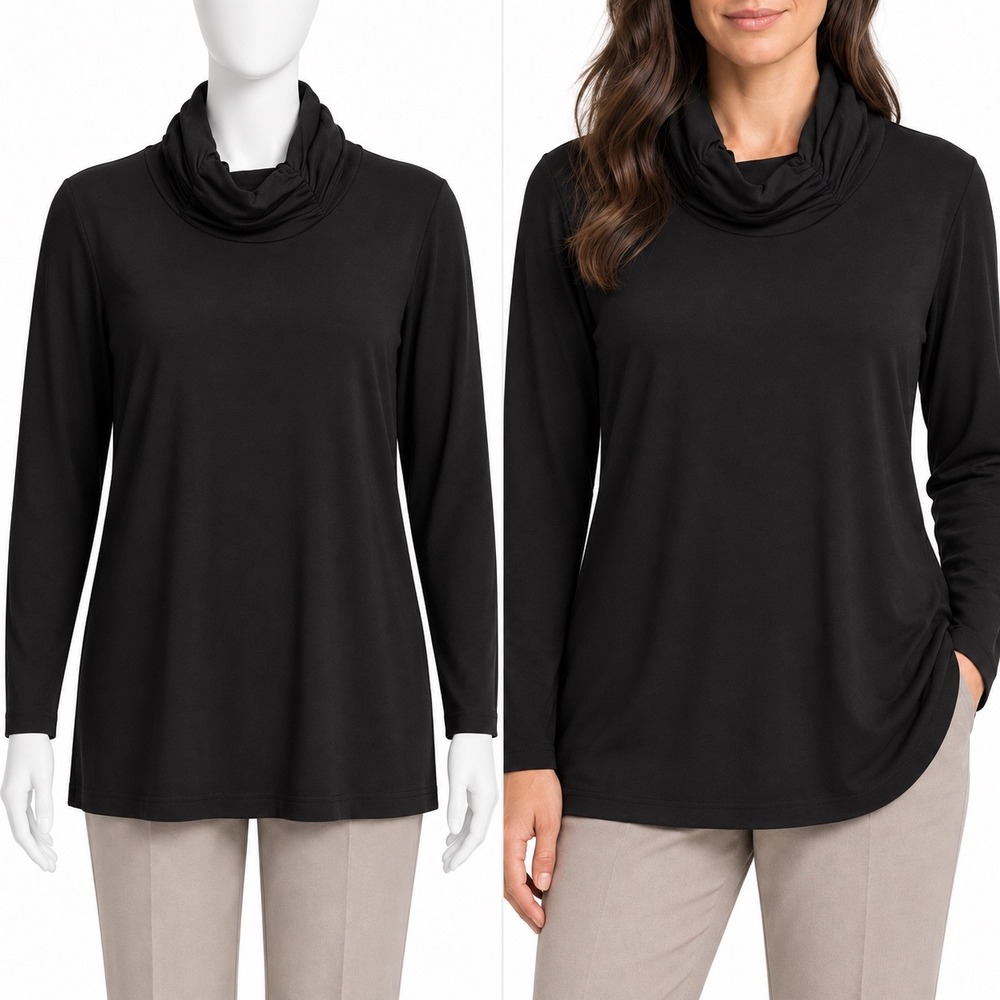 Susan Graver Top Women Medium Black Mock Neck Long Sleeve Ruched Liquid Knit Tee